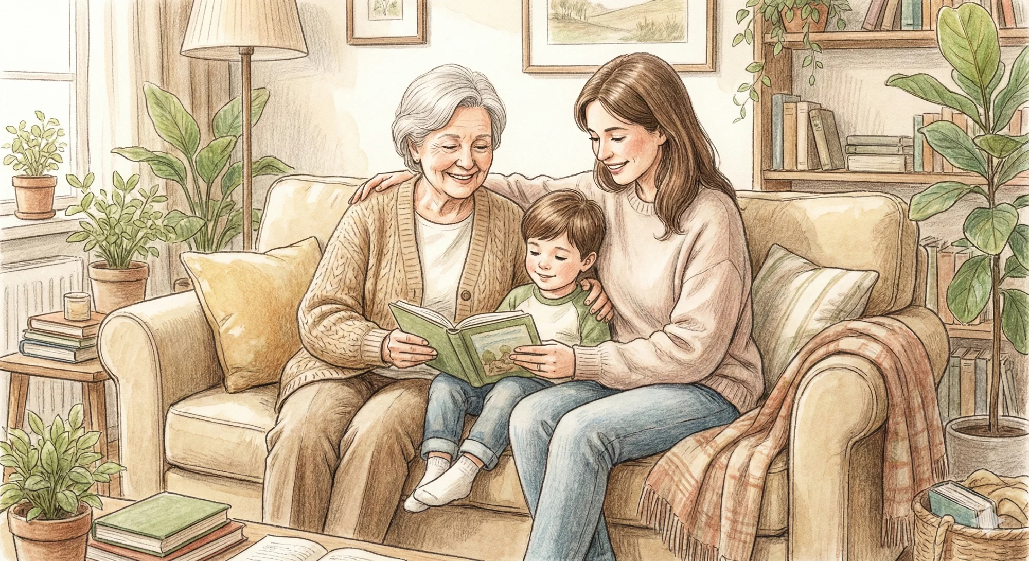 Three generations of a family reading together